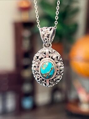 Vintage Southwestern Blue Copper Turquoise Sterling Silver 926 Pendant Necklace
